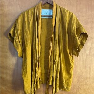 notPERFECTLINEN Mustard Yellow Linen Draped Short-Sleeve Cardigan